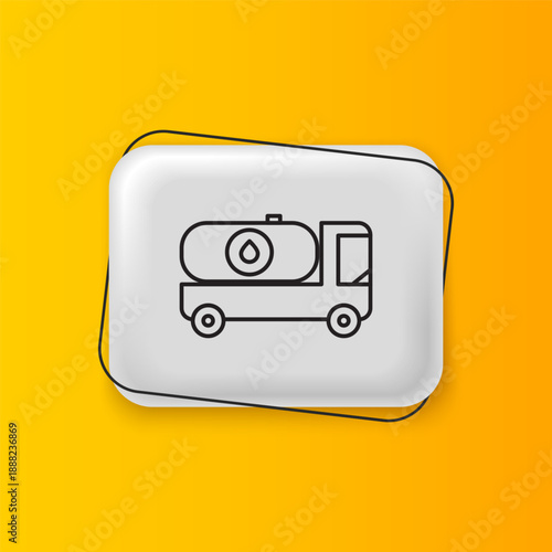 Black Fuel tanker truck icon isolated on yellow background. Gasoline tanker. Silver rectangle button. Vector