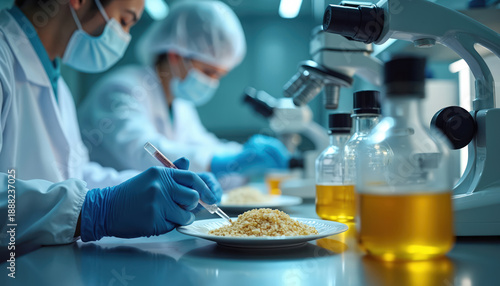 Scientists in lab coats and masks examine food samples. They use pipettes and microscopes for quality control. Research checks safety and purity of food products.