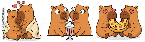 Set of cute capybara couples celebrating love with hugging under blanket sharing strawberry milkshake and eating pizza heart eyes stickers flat vector illustration for Valentine's Day.