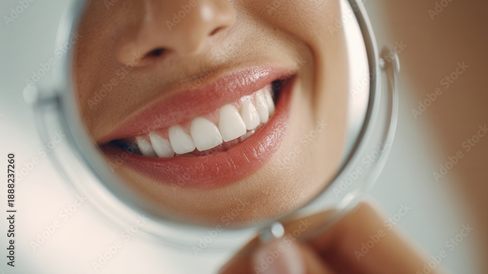 Fototapeta premium Woman admiring perfect white teeth in mirror, showing beautiful smile confident and health dental