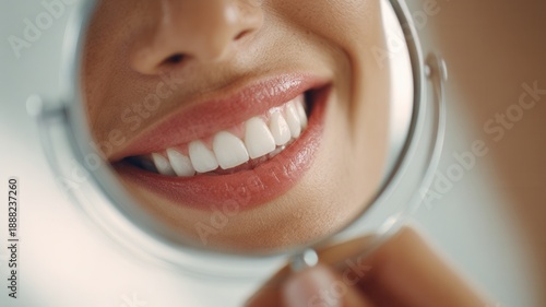 Woman admiring perfect white teeth in mirror, showing beautiful smile confident and health dental © Iaroslav
