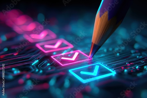 Stunning photo of Digital checklist and security verification concept with pencil marking check boxes on high-tech circuit board background