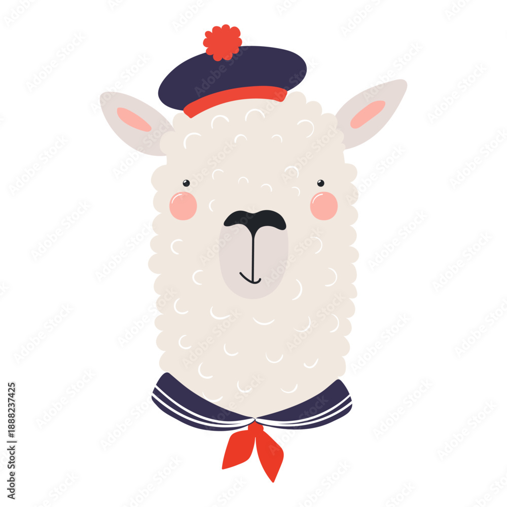 Fototapeta premium Cute little llama sailor isolated on transparent. Kawaii cartoon character. Hand drawn flat vector illustration. Kids nautical design element, clip art, fashion print, poster, wall art