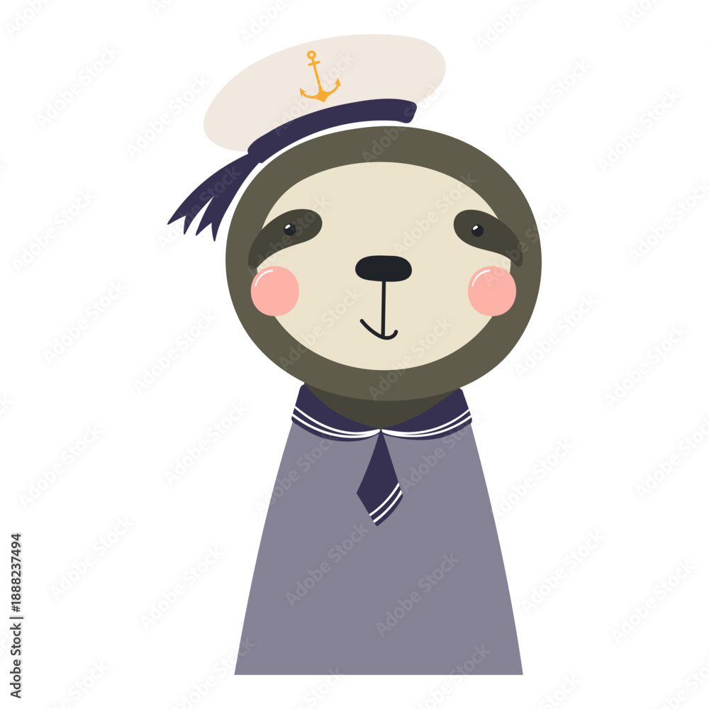 Fototapeta premium Cute little sloth sailor isolated on transparent. Kawaii cartoon character. Hand drawn flat vector illustration. Kids nautical design element, clip art, fashion print, poster, wall art