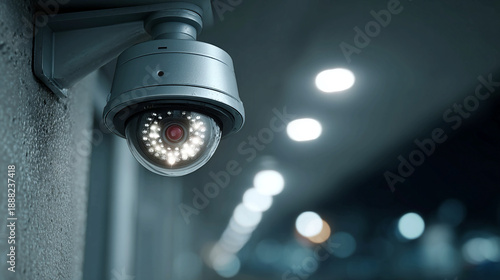 Surveillance dome camera showing mounted device symbolizing monitoring security justice system lighting