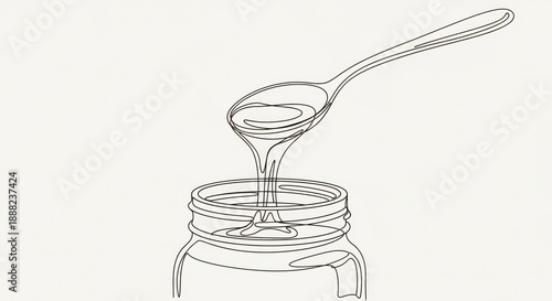 Line Art Illustration of Honey Dripping from Spoon into Jar