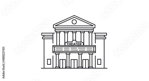 Linear Illustration of a Grand Theater Building Facade with Columns and Pediment