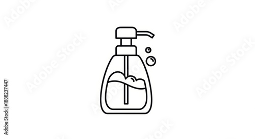 Liquid Soap Dispenser Icon with Bubbles, Outline Drawing