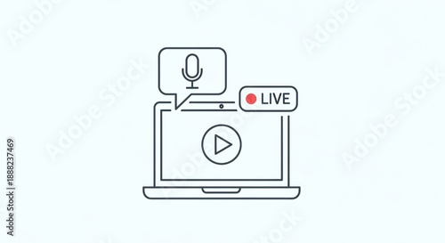 Live Streaming Icon: Laptop, Microphone, Play Button, and Live Indicator