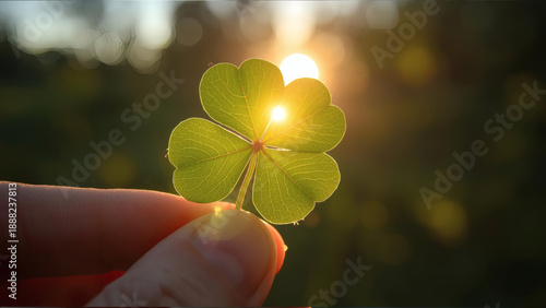 Trifoglio verde illuminato dal sole tra le dita, simbolo di fortuna e speranza