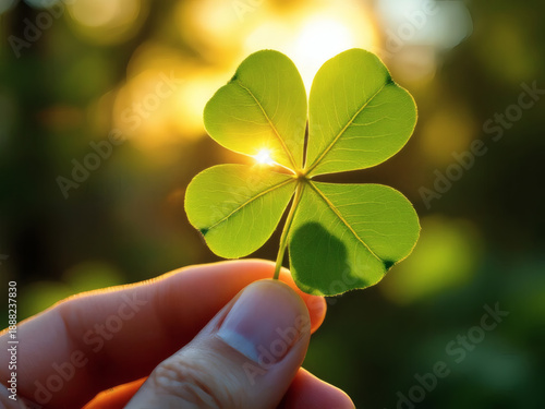 Fotografia macro realistica quattrofoglio verde in controluce con luce dorata