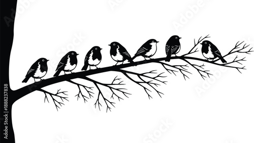 Black vector silhouette of a row of small birds perched on a tree branch for nature wildlife environmental conservation and outdoor forest landscape design