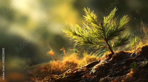 Emerging Triumph: A Vibrant Conifer Seedling Embracing Life's Renewal in Sunlit Landscapes