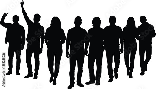 Black vector silhouette of a diverse group of people standing and walking together in a large crowd for social gathering community and public demonstration design