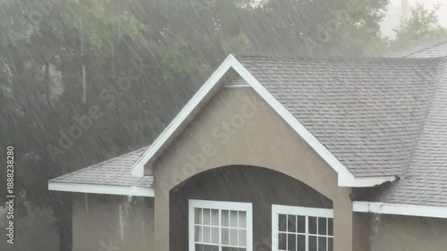 Intense rain runs off the roof and gutters of a residential building. The gray sky and heavy water flow show a strong storm in progress.