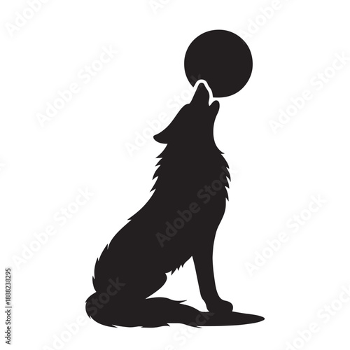 Wolf silhouette sitting and howling at moon illustration