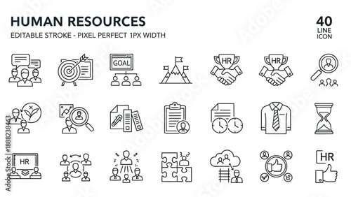 Collection of forty editable line icons representing various essential concepts within human resources management processes