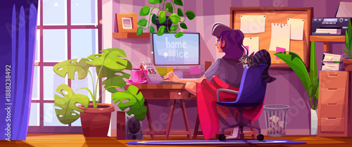 Woman working from home in a cozy room with plants, desk, computer, and cat, illustration.