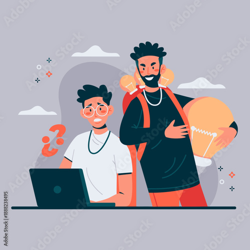 Teamwork and ideas concept: one man with a bright idea lightbulb on his back, another man looking confused at a laptop.