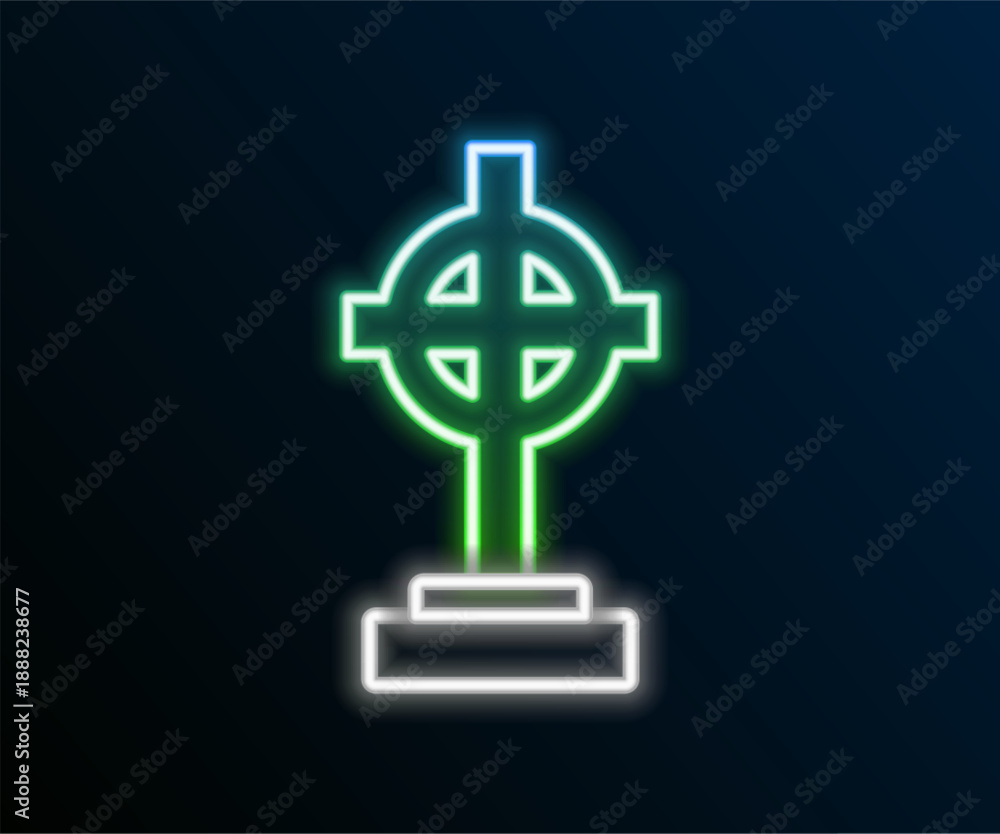 Obraz premium Glowing neon line Grave with cross icon isolated on black background. Colorful outline concept. Vector
