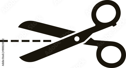 Simple black silhouette icon illustrating sharp scissors actively cutting along a dashed line indicating a designated separation point for removal or trimming purposes.