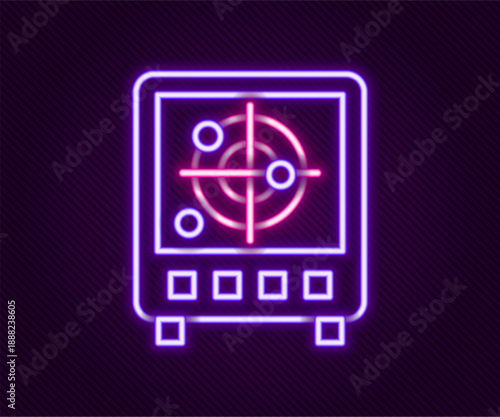 Glowing neon line Radar with targets on monitor in searching icon isolated on black background. Search system. Navy sonar. Colorful outline concept. Vector