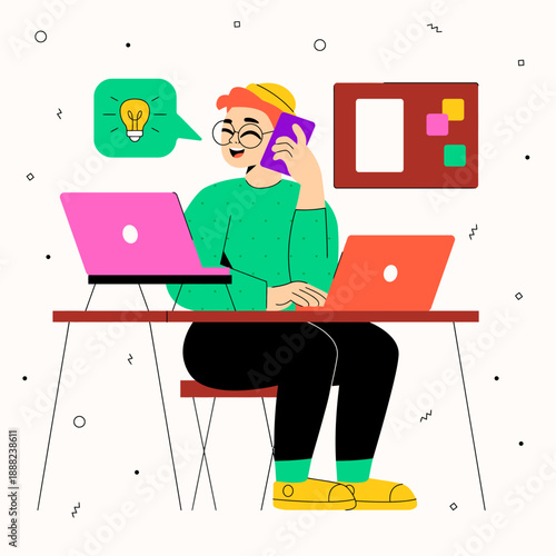 Man on the phone with multiple laptops and a lightbulb icon, indicating multitasking and idea generation in business.