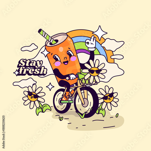 Cute cartoon soda can character riding a bicycle with sunglasses, surrounded by daisies and a rainbow, promoting a fresh and fun lifestyle.