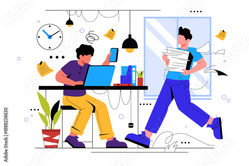 Busy office workers collaborate and manage tasks with laptops and phones, representing productivity and teamwork in a modern workspace.