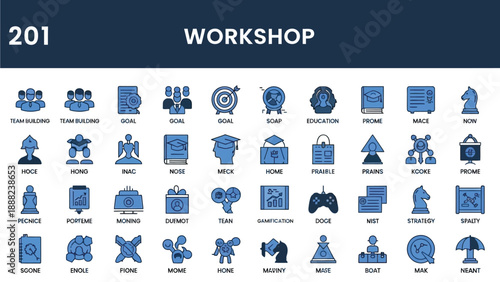 Collection of 201 workshop related icons illustrating team building goals education and various concepts