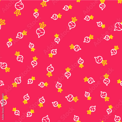 Line Fresh beet with leaf icon isolated seamless pattern on red background. Natural Root. Vegetable Ingredient for food. Vector