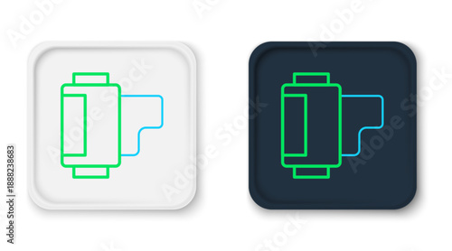 Line Camera vintage film roll cartridge icon isolated on white background. 35mm film canister. Filmstrip photographer equipment. Colorful outline concept. Vector