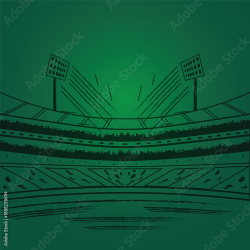 Empty Soccer Stadium Arena with Green Turf and Floodlights Background