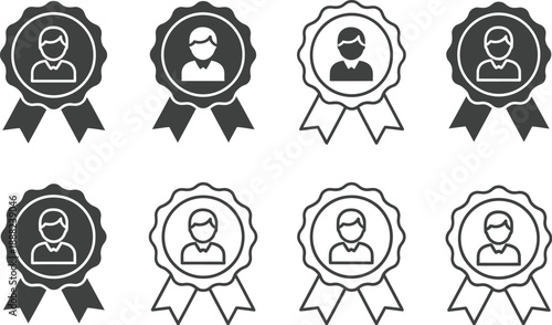 Collection of professional achievement badges featuring user profile icons displayed in both filled glyph and simple outline styles for various recognition purposes.