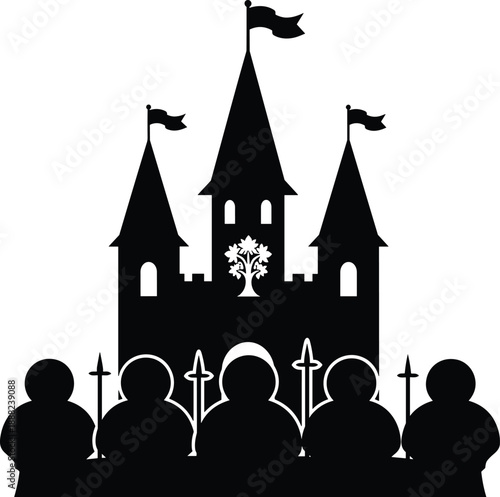 Black vector silhouette of a medieval fairy tale castle with flags and towers guarded by a row of soldiers for fantasy and history design
