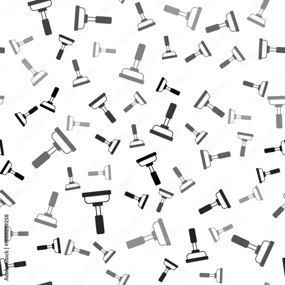 Obraz premium Black Rubber plunger with wooden handle for pipe cleaning icon isolated seamless pattern on white background. Toilet plunger. Vector