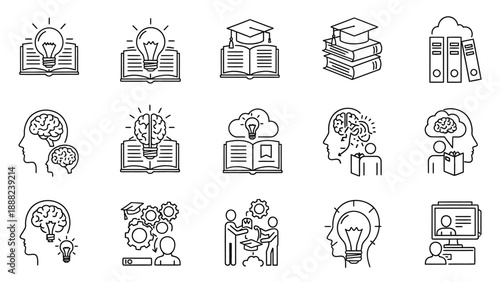 Collection of black and white line icons representing knowledge learning and innovative thinking processes