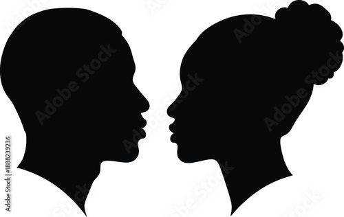 Striking black silhouette profile portraits of an african man and woman facing each other intimately against a stark white background representing love and connection.