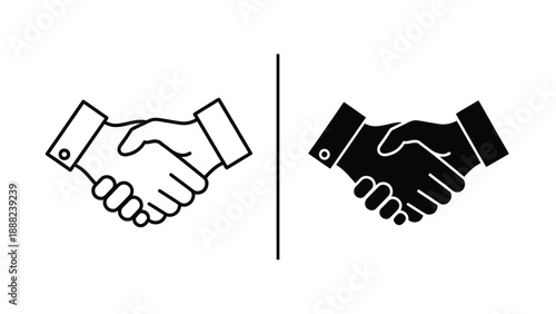 Simple vector icons illustrating a firm handshake agreement in both outline and solid styles