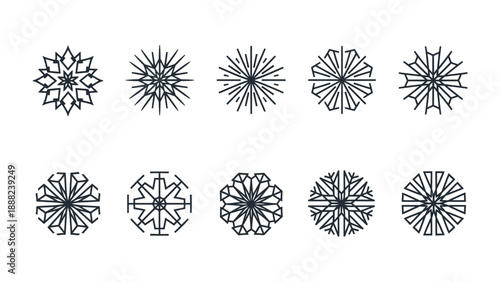 Collection of ten diverse minimalist geometric black and white snowflake vector icons set