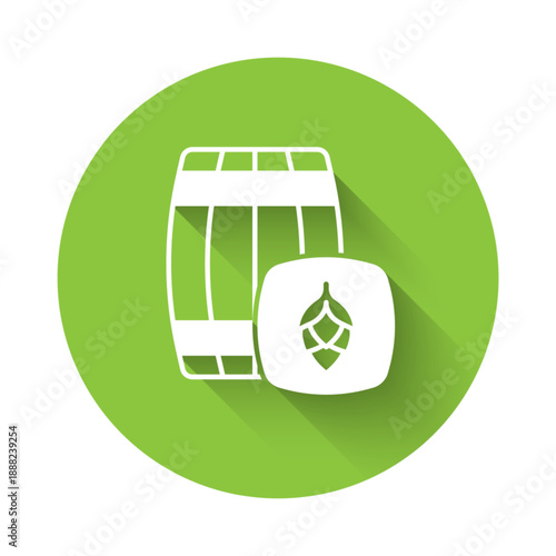 White Wooden barrel icon isolated with long shadow background. Alcohol barrel, drink container, wooden keg for beer, whiskey, wine. Green circle button. Vector