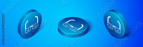 Isometric Safety goggle glasses icon isolated on blue background. Blue circle button. Vector