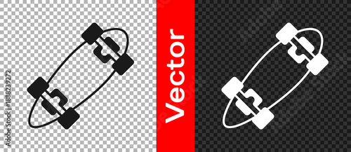 Black Longboard or skateboard cruiser icon isolated on transparent background. Extreme sport. Sport equipment. Vector