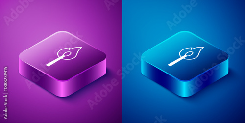 Isometric Burning match with fire icon isolated on blue and purple background. Match with fire. Matches sign. Square button. Vector