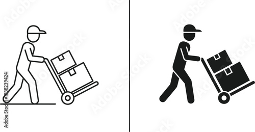 Delivery person icon pushing a hand truck loaded with two cardboard boxes showcasing both editable stroke and solid filled graphic styles