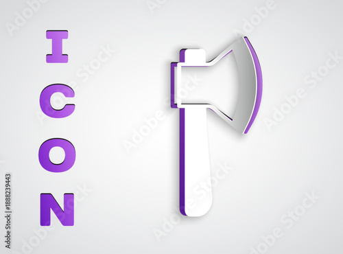 Paper cut Wooden axe icon isolated on grey background. Lumberjack axe. Paper art style. Vector