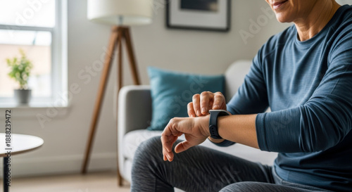 Mature Woman Checking Smartwatch Fitness Tracker for Health Monitoring in Living Room