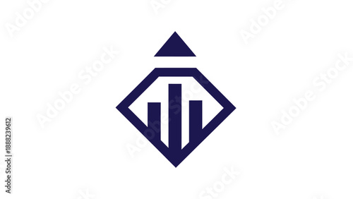 Minimalist dark blue geometric logo featuring abstract upward trending bar graph inside a diamond shape