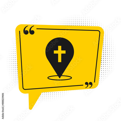Black Map pin church building icon isolated on white background. Christian Church. Religion of church. Yellow speech bubble symbol. Vector