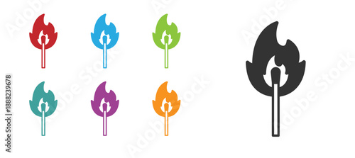 Black Burning match with fire icon isolated on white background. Match with fire. Matches sign. Set icons colorful. Vector